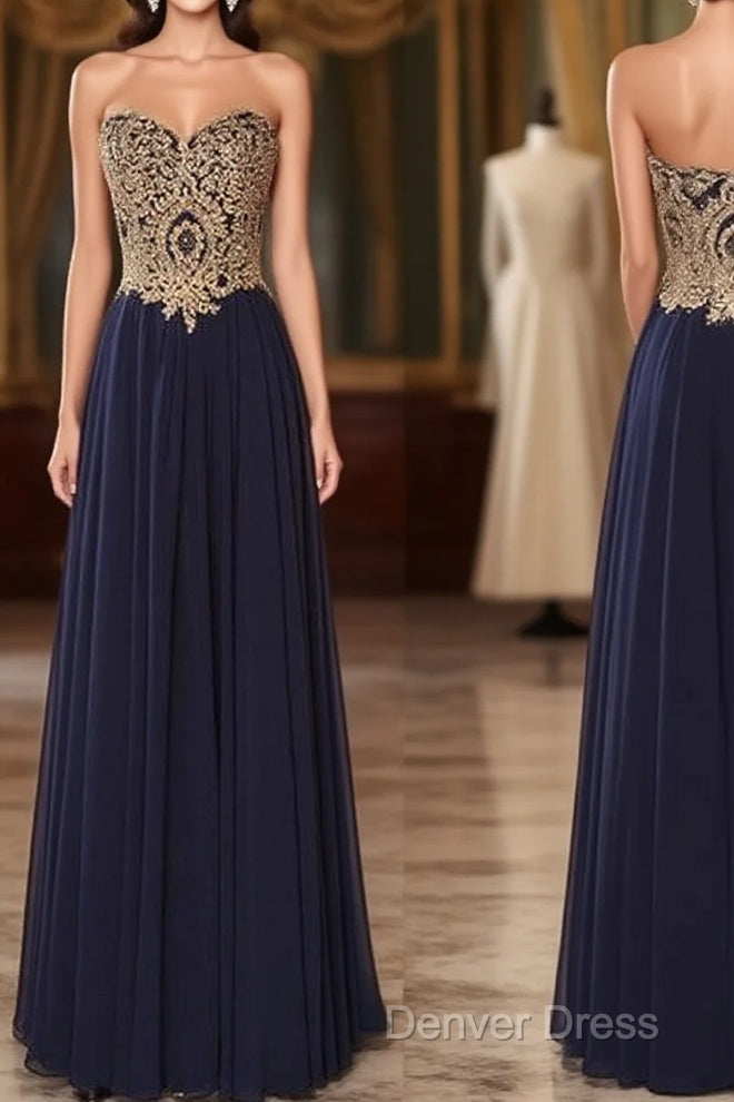 Sweetheart Neck Lace Dark Blue Long Prom Dresses, Evening Dresses Main image