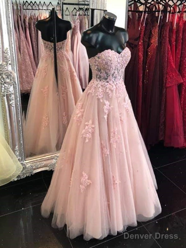Sweetheart Neck Open Back Pink Lace Long Prom Dresses, Strapless Pink Lace Formal Dresses Main image