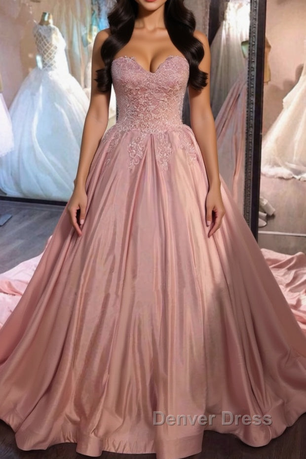 Sweetheart Neck Pink Lace Prom Dress, Pink Lace Long Prom Dresses Main image