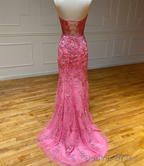 Sweetheart Neck Pink Mermaid Lace Prom Dresses, Pink Mermaid Lace Formal Graduation Dresses