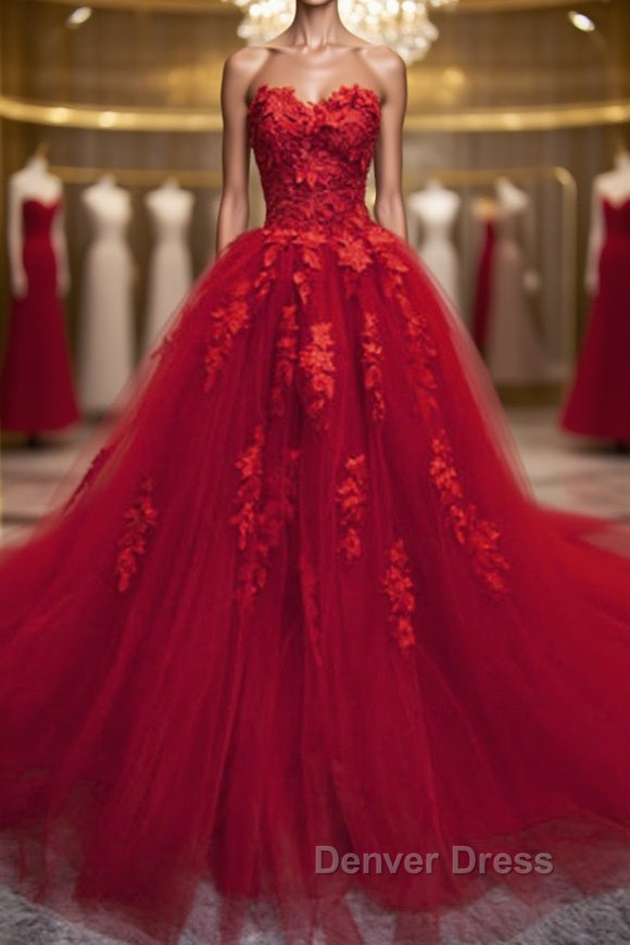 Sweetheart Neck Red Lace Floral Long Prom Dress, Red Lace Prom Dresses, Red Ball Gowns Main image