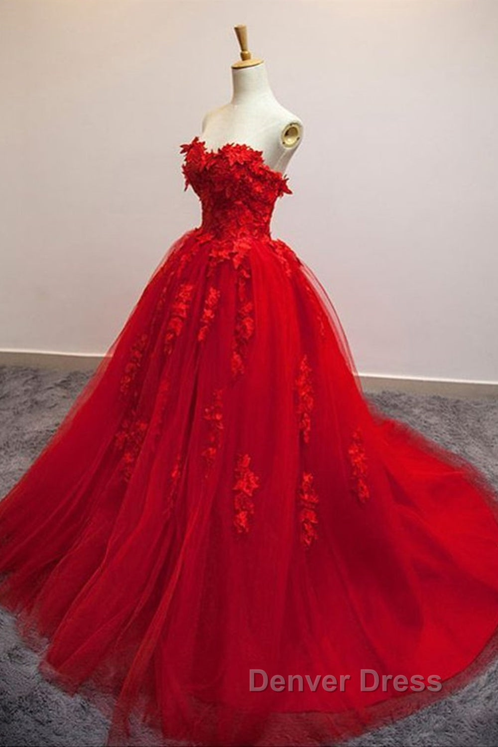Sweetheart Neck Red Lace Floral Long Prom Dress, Red Lace Prom Dresses, Red Ball Gowns Secondary image