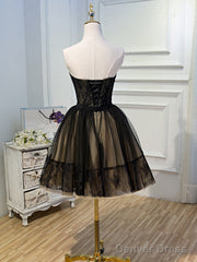 Sweetheart Neck Short Black Lace Prom Dresses, Short Black Lace Graduation Homecoming Dresses