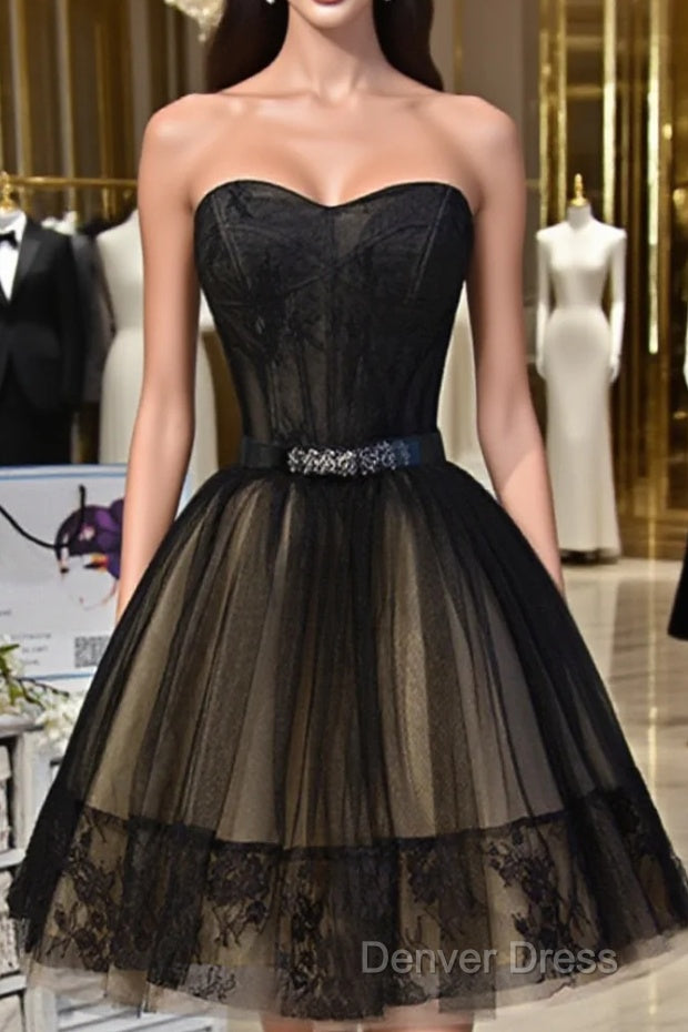 Sweetheart Neck Short Black Lace Prom Dresses, Short Black Lace Graduation Homecoming Dresses Main image