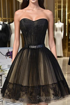 Sweetheart Neck Short Black Lace Prom Dress, Short Black Lace Graduation Homecoming Dresses