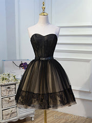 Sweetheart Neck Short Black Lace Prom Dresses, Short Black Lace Graduation Homecoming Dresses
