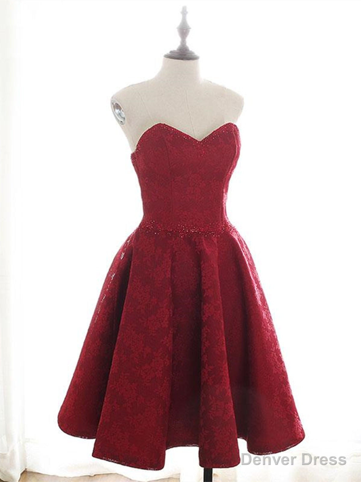Sweetheart Neck Short Burgundy Lace Prom Dresses, Short Wine Red Lace Formal Evening Dresses