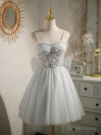 Sweetheart Neck Short Gray Tulle Prom Dress, Short Grey Tulle Prom Graduation Dresses