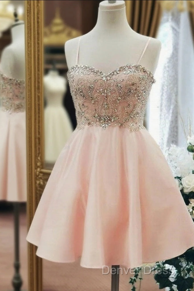 Sweetheart Neck Short Pink Prom Dresses, Short Pink Beaded Homecoming Graduation Dresses Main image