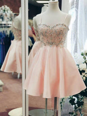 Sweetheart Neck Short Pink Prom Dresses, Short Pink Beaded Homecoming Graduation Dresses