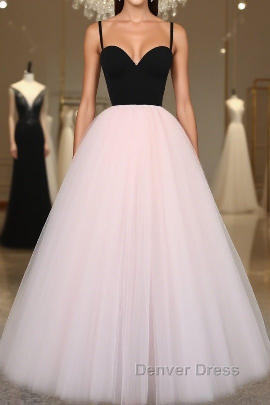 Sweetheart Neck Spaghetti Straps 2 Pieces Black Top Light Pink Long Prom Dress, Light Pink Prom Dress Main image