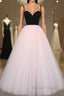 Sweetheart Neck Spaghetti Straps 2 Pieces Black Top Light Pink Long Prom Dress, Light Pink Prom Dress