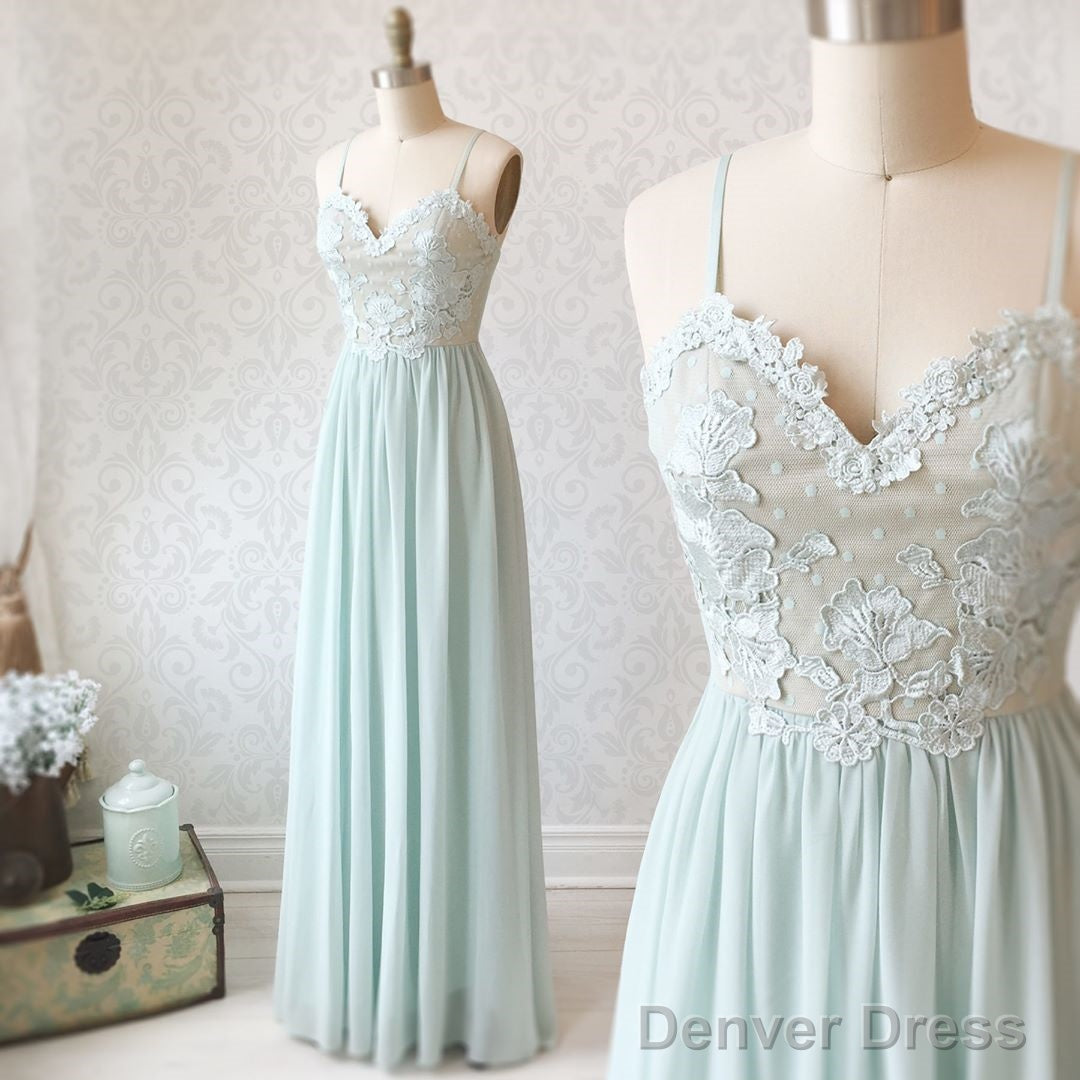 Sweetheart Neck Spaghetti Straps Mint Green Lace Prom Dress, Mint Green Lace Prom Bridesmaid Dresses