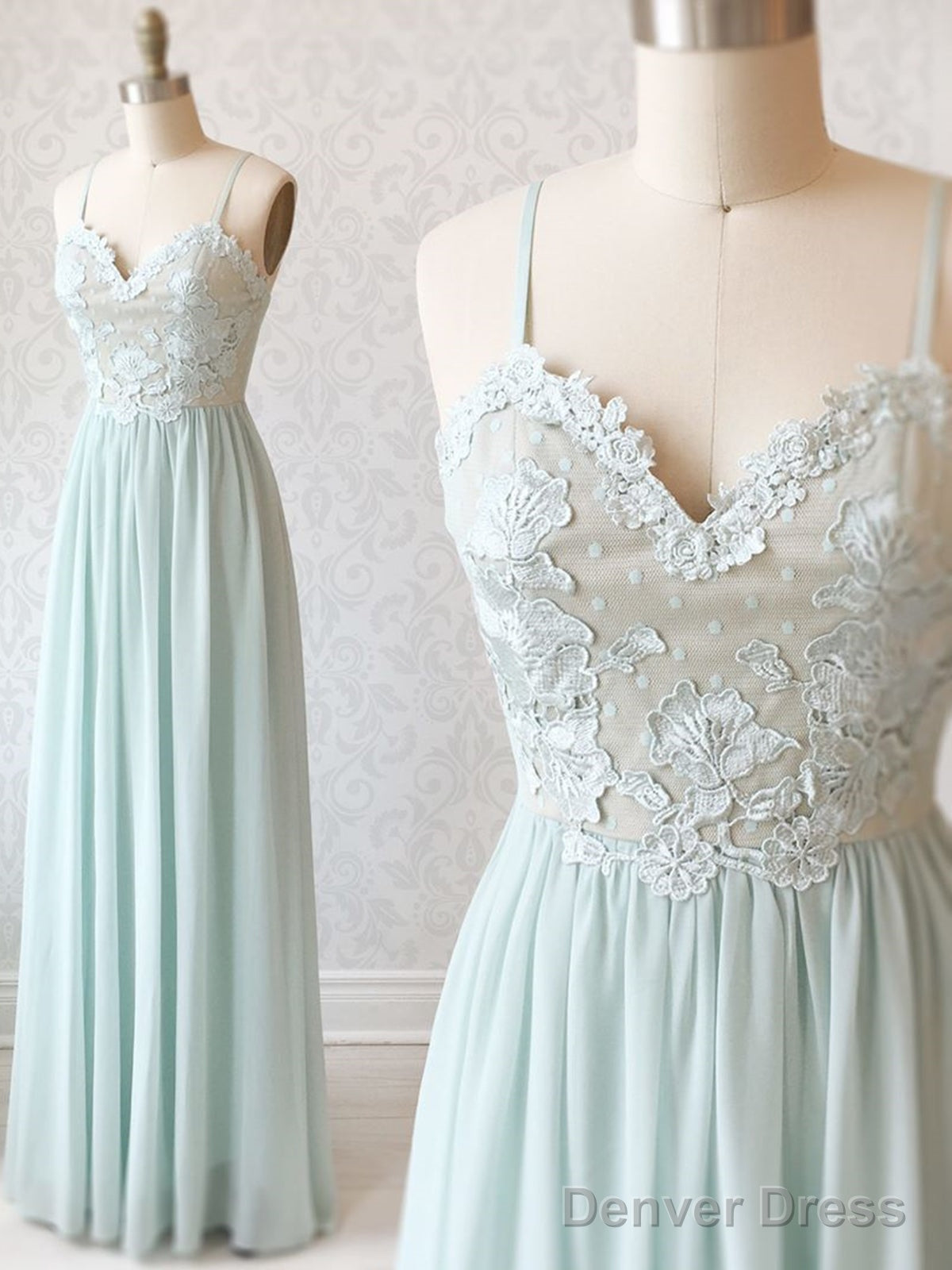 Sweetheart Neck Spaghetti Straps Mint Green Lace Prom Dress, Mint Green Lace Prom Bridesmaid Dresses Main image