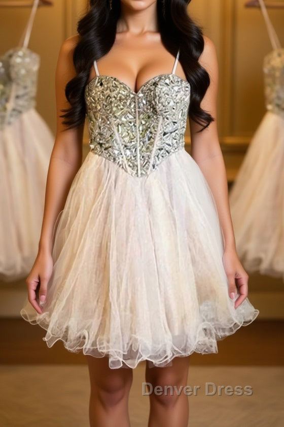 Sweetheart Neck Spaghetti Straps Tulle Champagne Homecoming Dress, Champagne Short Prom Dress, Graduation Dress, Prom Dresses Main image