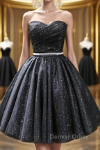 Sweetheart Neck Strapless Black Short Prom Dress, Open Back Black Homecoming Dress, Black Prom Dresses
