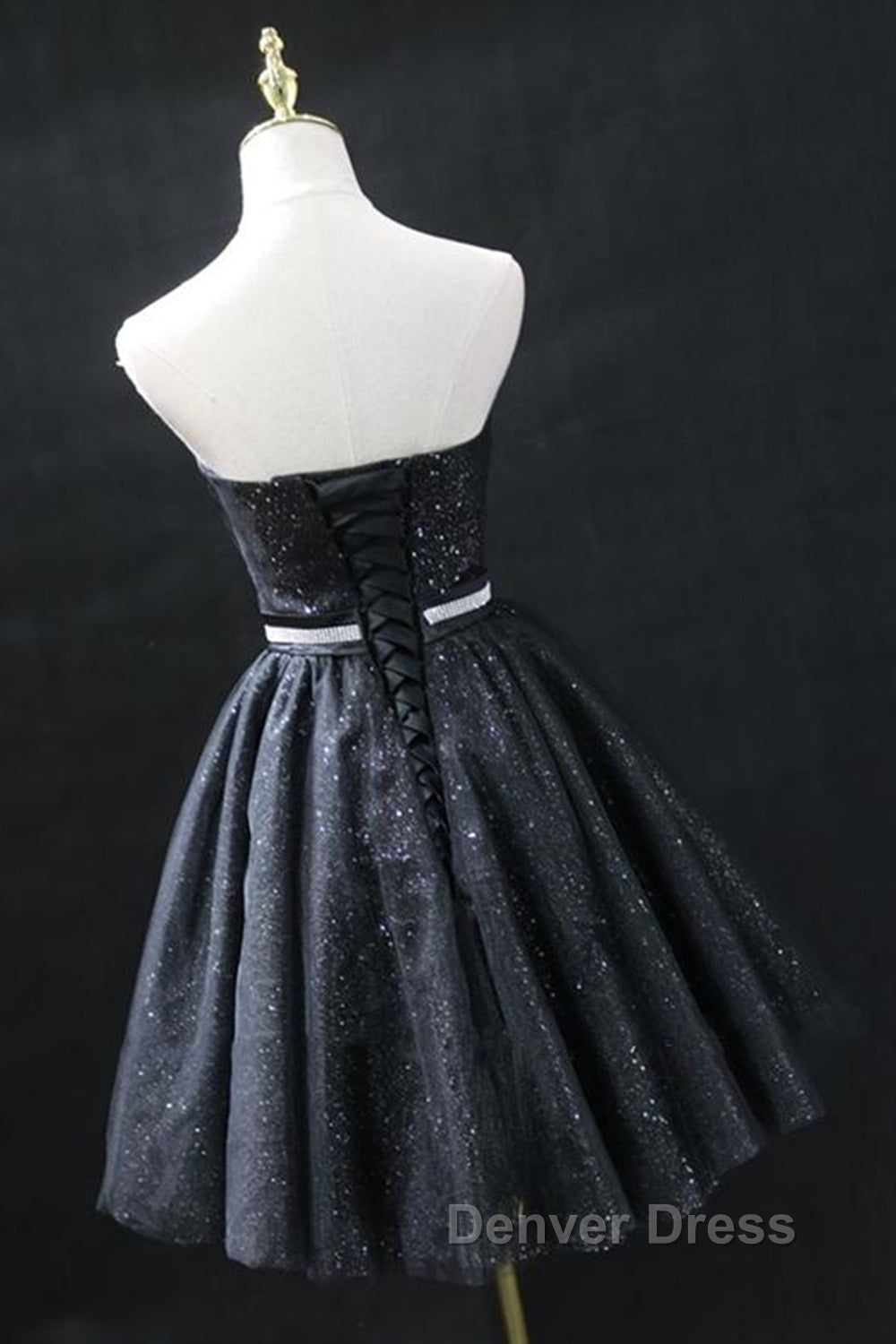 Sweetheart Neck Strapless Black Short Prom Dress, Open Back Black Homecoming Dress, Black Prom Dresses