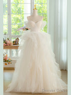 Sweetheart Neck Tulle Beads Light Champagne Long Prom Dress, Light Champagne Formal Dress