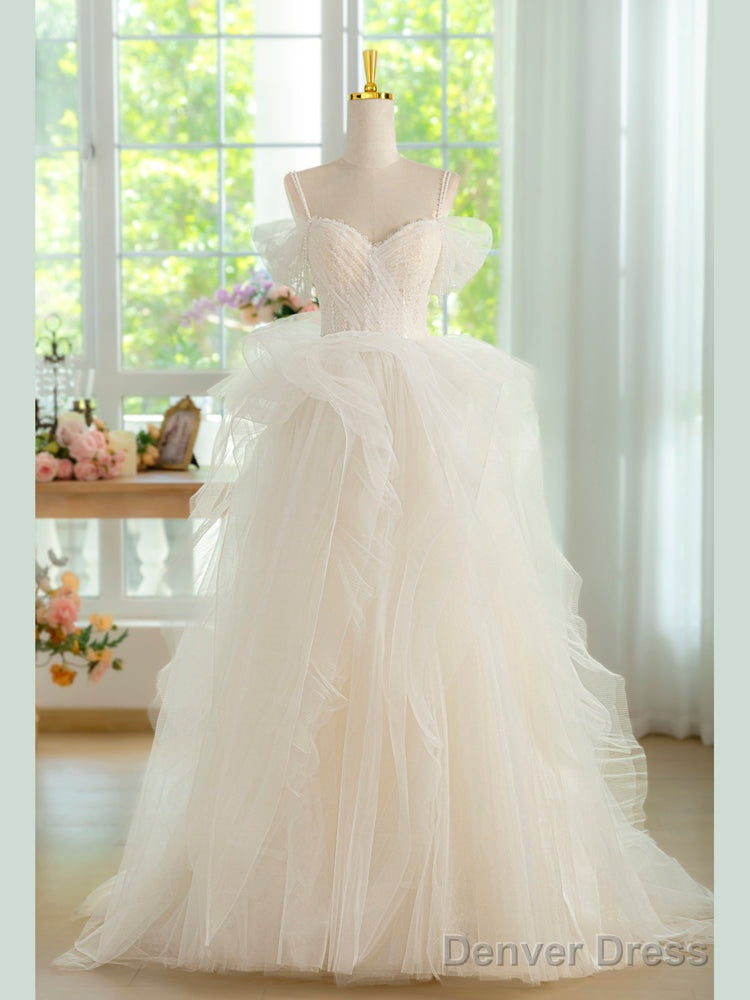 Sweetheart Neck Tulle Beads Light Champagne Long Prom Dress, Light Champagne Formal Dress