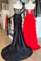 Sweetheart Red Corset Chiffon Ruffle Long Prom Dresses