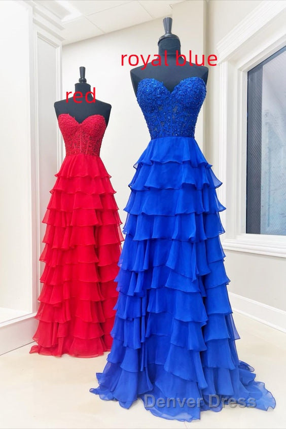 Sweetheart Red Corset Chiffon Ruffle Long Prom Dresses