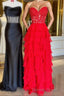 Sweetheart Red Corset Chiffon Ruffle Long Prom Dresses