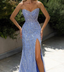 Blue Fashion Shiny Off-Shoulder Sequins Elegant Tight Long Slit Ball Gowns Prom Dresses