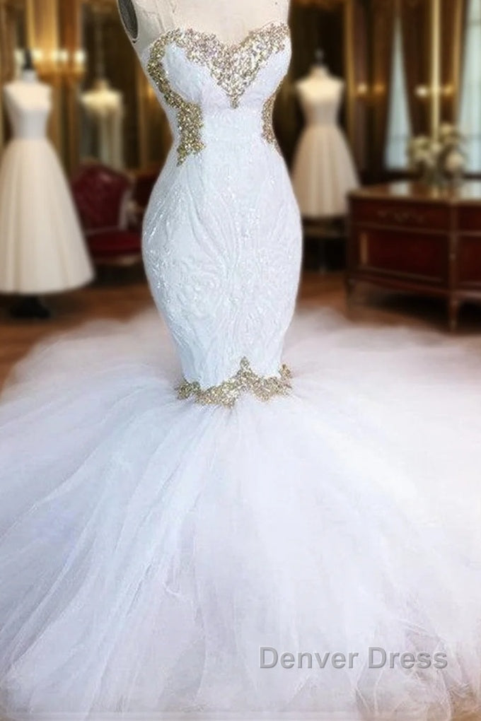 Sweetheart Sleeveless Lace Tulle Appliques Sequins Mermaid Wedding Bridal Gown