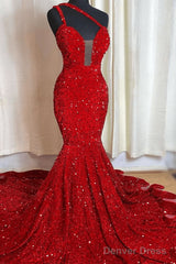 Sweetheart Sleeveless Sequins Red Mermaid Prom Dresses