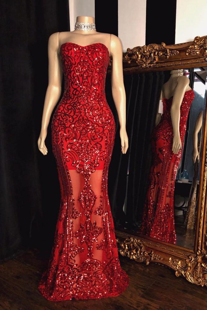 Sweetheart Strapless Sequins Pattern Long Mermaid Prom Gowns