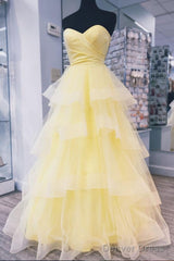 Sweetheart Tulle Yellow Ruffles Long Prom Dress
