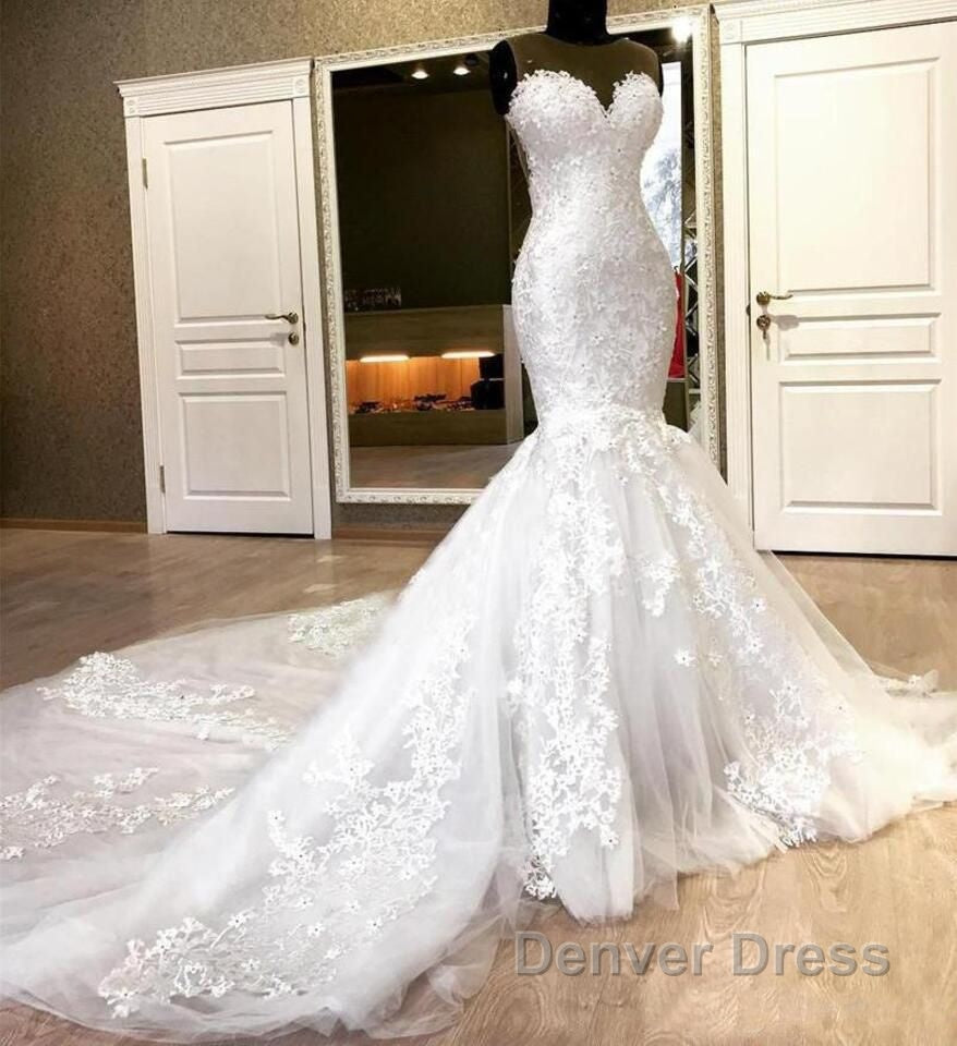 Sweetheart White Illusion neck Mermaid Beaded Lace Wedding Dresses
