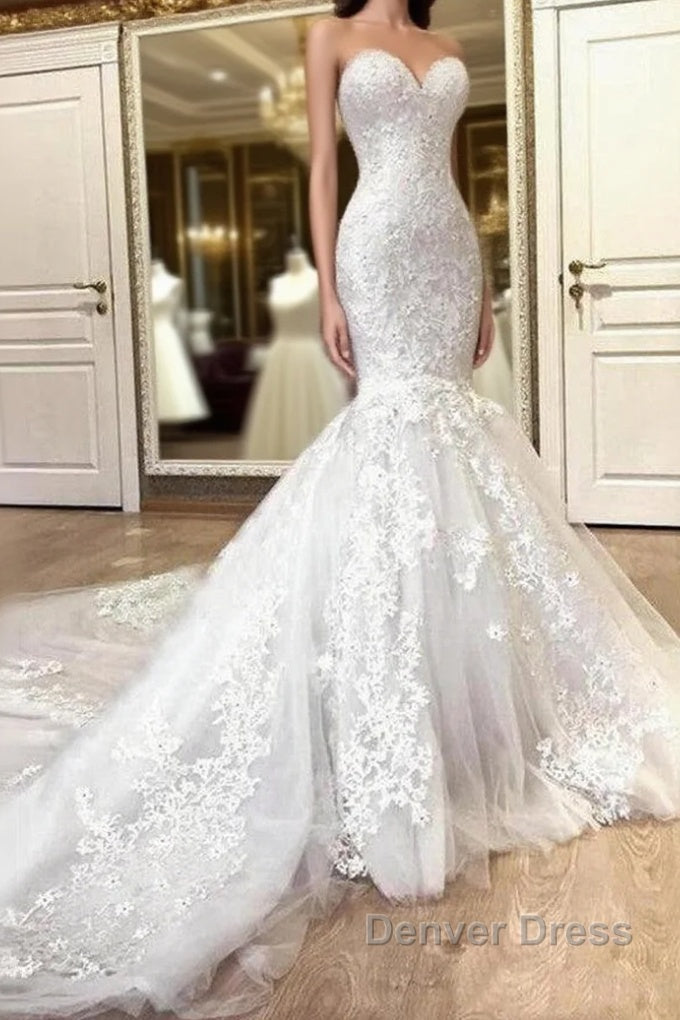 Sweetheart White Illusion neck Mermaid Beaded Lace Wedding Dresses Main image