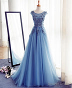 Blue A Line Tulle Lace Long Prom Dress