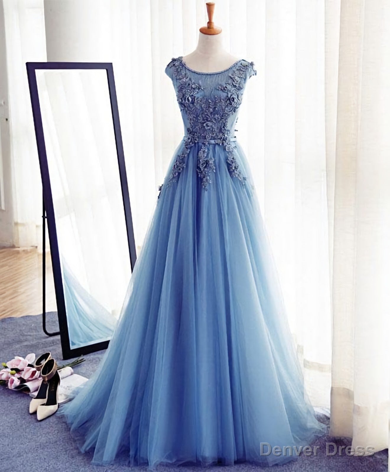 Blue A Line Tulle Lace Long Prom Dress