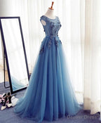 Blue A Line Tulle Lace Long Prom Dress