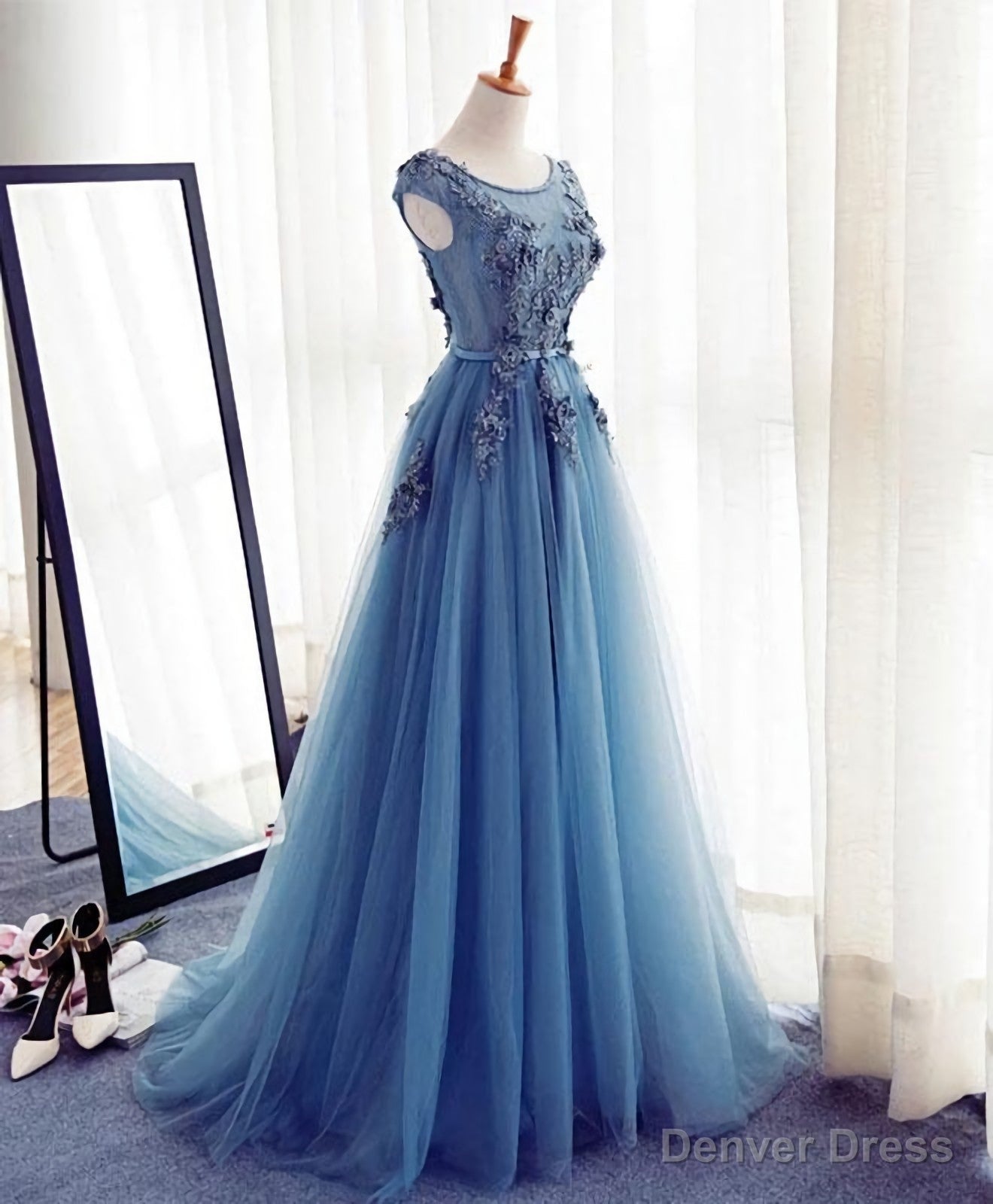 Blue A Line Tulle Lace Long Prom Dress