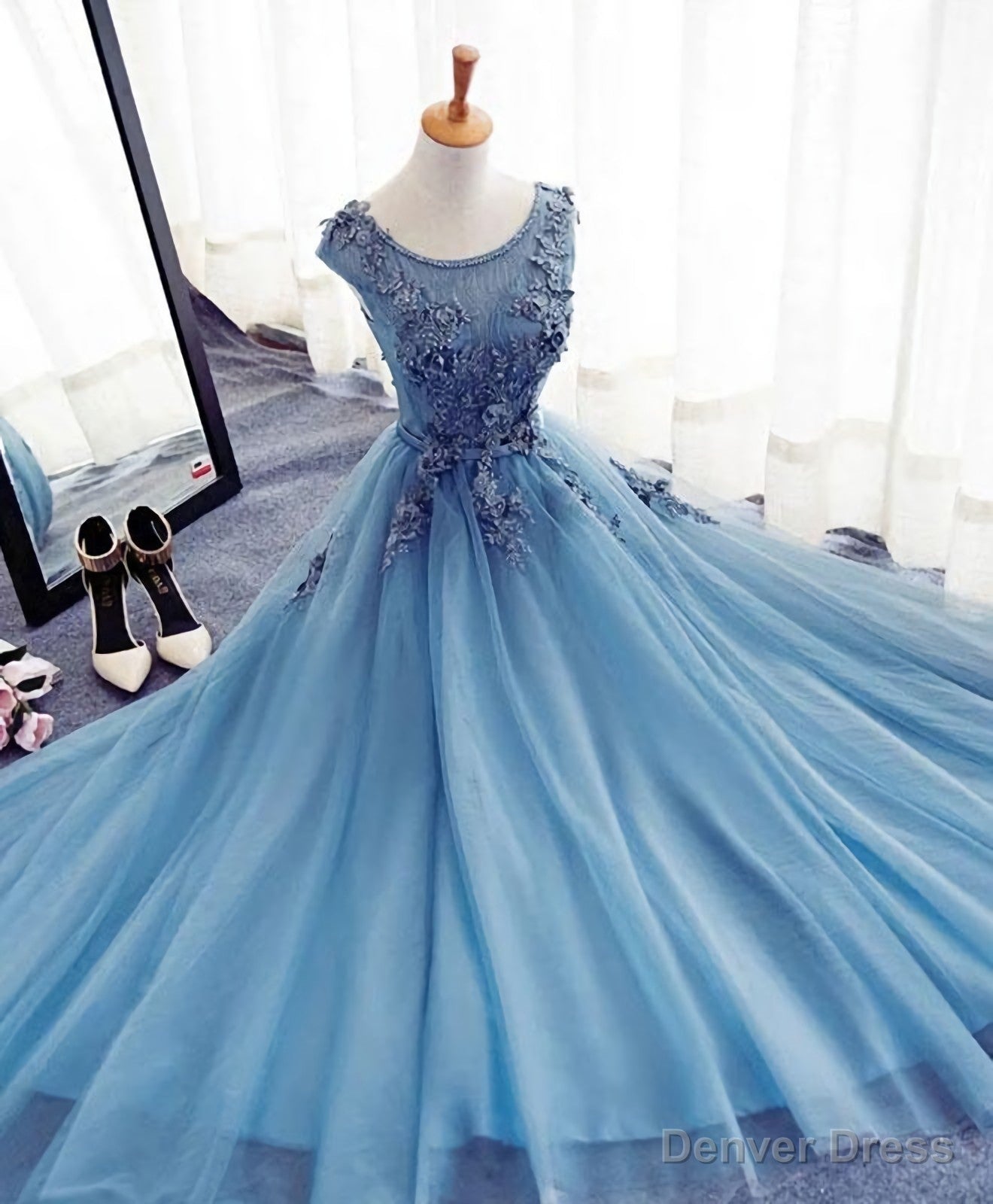 Blue A Line Tulle Lace Long Prom Dress