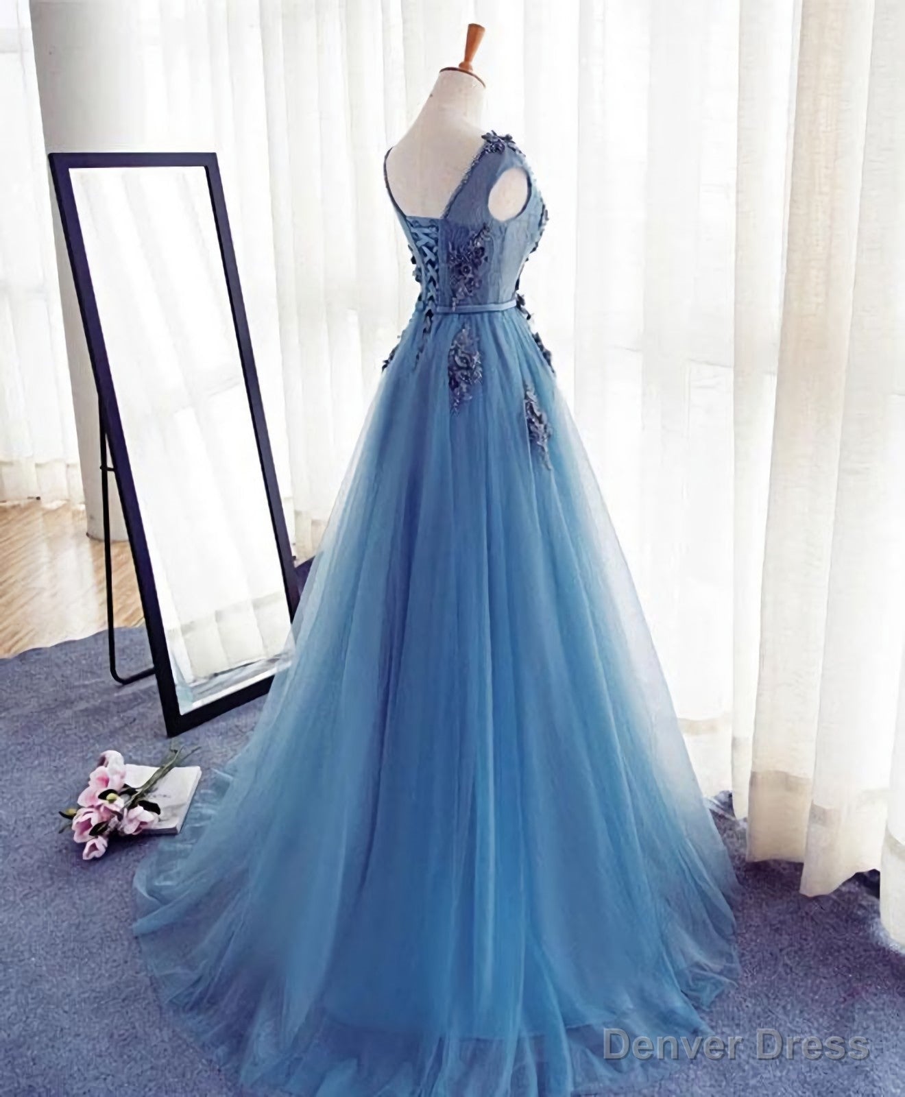 Blue A Line Tulle Lace Long Prom Dress