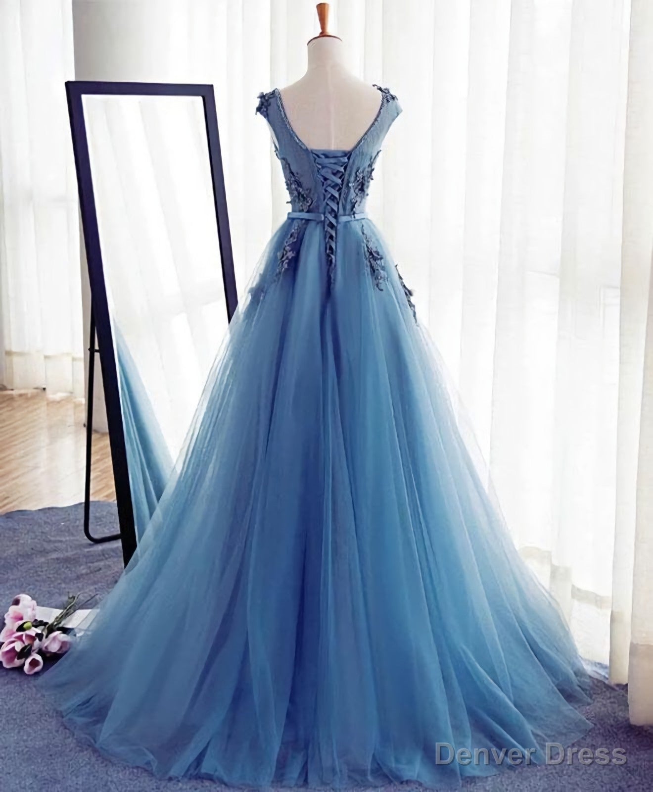 Blue A Line Tulle Lace Long Prom Dress