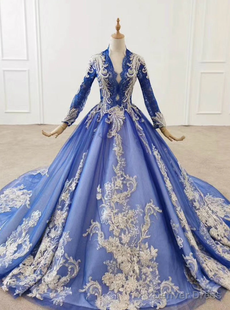 Take Center Stage In Royal Blue Tulle Lace Appliques V-neck Long Sleeve Wedding Dress Main image
