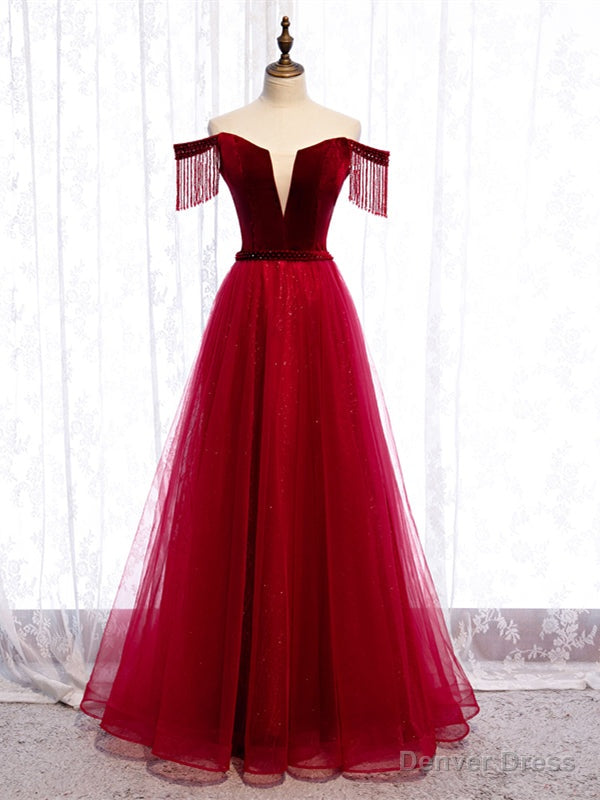 Tassel Sleeves Off The Shoulder Tulle Burgundy Floor Length Lace Up Prom Dresses