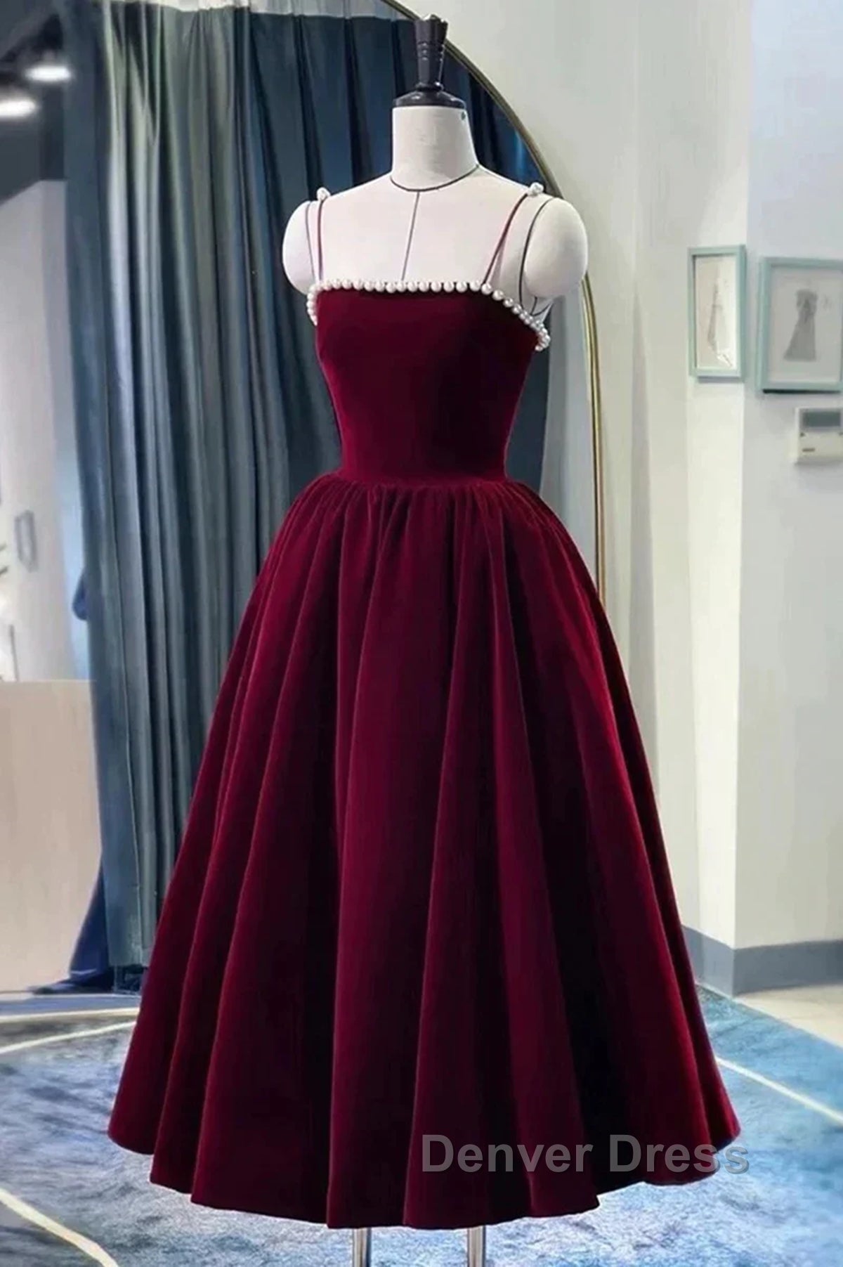Tea Length Velvet Prom Dress, Velvet Tea Length Prom Homecoming Dresses