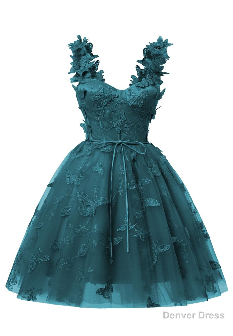 Teal 3D Butterfly Lace Applique Tulle Homecoming Dress for Teens Sweetheart Mini Short Prom Dresses Main image