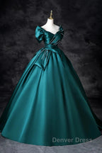 Teal A-Line Off The Shoulder Satin Long Prom Dresses, Elegant Evening Dresses