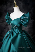 Teal A-Line Off The Shoulder Satin Long Prom Dresses, Elegant Evening Dresses