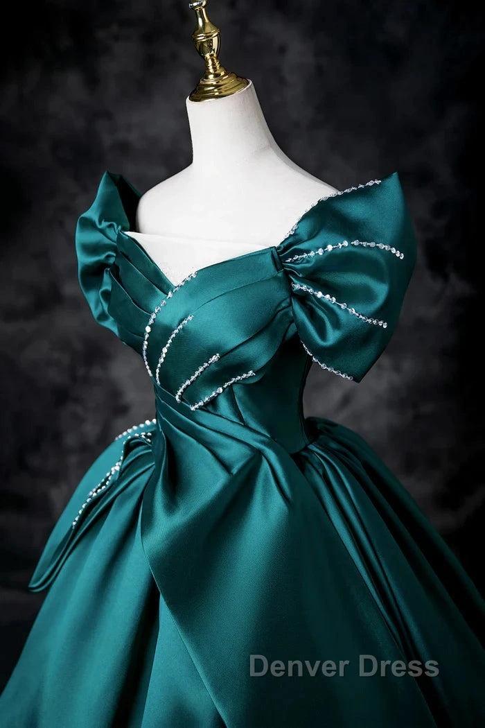 Teal A-Line Off The Shoulder Satin Long Prom Dresses, Elegant Evening Dresses