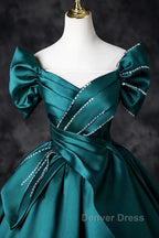 Teal A-Line Off The Shoulder Satin Long Prom Dresses, Elegant Evening Dresses