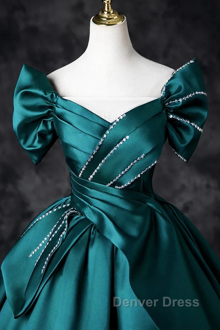 Teal A-Line Off The Shoulder Satin Long Prom Dresses, Elegant Evening Dresses