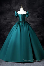 Teal A-Line Off The Shoulder Satin Long Prom Dresses, Elegant Evening Dresses